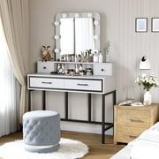 CozyHom Vanity with Mirror and Lights, Dressing Table Makeup Desk Vanity Table with 4 Drawers, 3 Color Lighting Modes \u0026 10 Brightness for Bedroom, Whtie